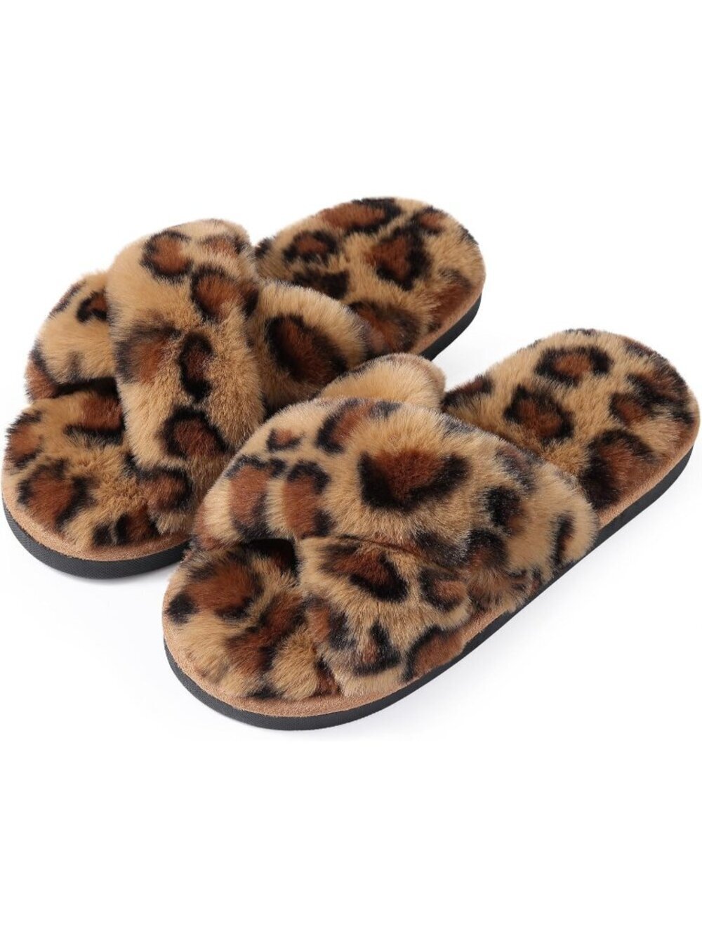 Women's Leopard Brown Fuzzy Cross Band Memory Foam House Open Toe Slipper Shoes